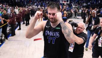 Dallas Mavericks' Luka Doncic celebrates the teams win in Game 6 NBA Playoffs semi-final against Oklahoma City Thunder. AP