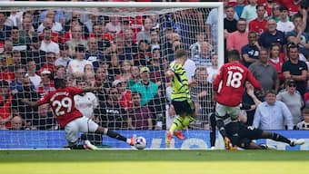 Leandro Trossard scored the only goal in Arsenal's win over Manchester United at Old Trafford in the English Premier League. AP