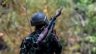 (File) A soldier from the Karen National Liberation Army (KNLA) carries an RPG launcher at a Myanmar military base at Thingyan Nyi Naung village on the outskirts of Myawaddy, the Thailand-Myanmar border town under the control of a coalition of rebel forces led by the Karen National Union, in Myanmar. Reuters