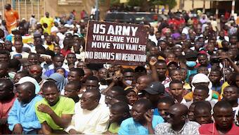 Nigeriens gather in a street to protest against the US military presence, in Niamey, Niger, 13 April, 2024. Reuters File