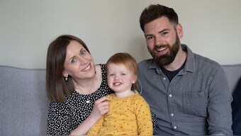 Opal Sandy (centre) from Oxfordshire, UK with her mother and father Jo and James Sandy. NHS