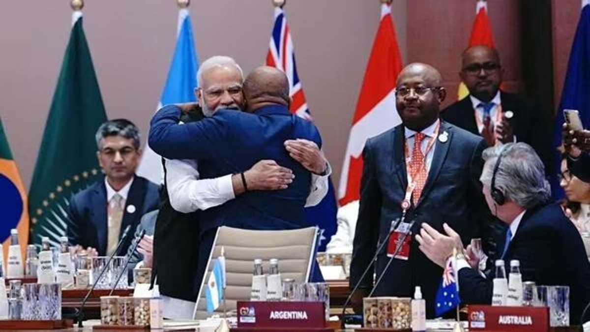 PM Narendra Modi greeted African Union President Comoros Azali Assoumani with a hug before the G20 leaders began their deliberations at the G20 India Summit in 2023. Image: Twitter/@g20org PM Narendra Modi greeted African Union President Comoros Azali Assoumani with a hug before the G20 leaders began their deliberations at the G20 India Summit in 2023. Image: Twitter/@g20org