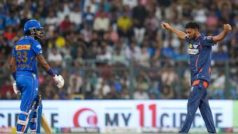 Mohsin Khan of LSG celebrates the dismissal of MI skipper Hardik Pandya during their IPL game in Mumbai on Friday. PTI 