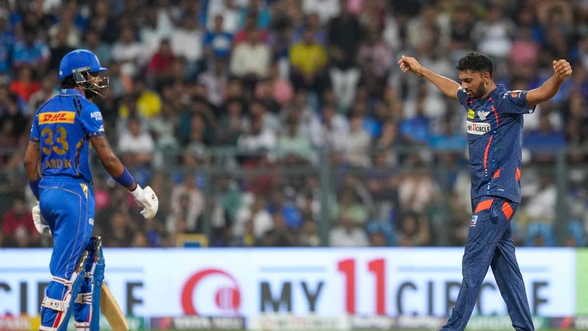 Mohsin Khan of LSG celebrates the dismissal of MI skipper Hardik Pandya during their IPL game in Mumbai on Friday. PTI Mohsin Khan of LSG celebrates the dismissal of MI skipper Hardik Pandya during their IPL game in Mumbai on Friday. PTI