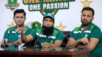Pakistan cricket team's selection committee members, from left to right, Abdul Razzaq, Mohammad Yousuf and Wahab Riaz. AP