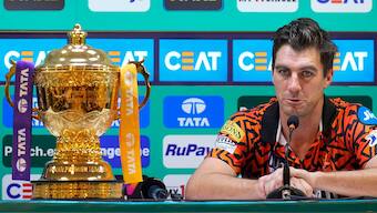 Sunrisers Hyderabad captain Pat Cummins speaks to reporters ahead of the IPL 2024 final against Kolkata Knight Riders at Chennai's MA Chidambaram Stadium. PTI