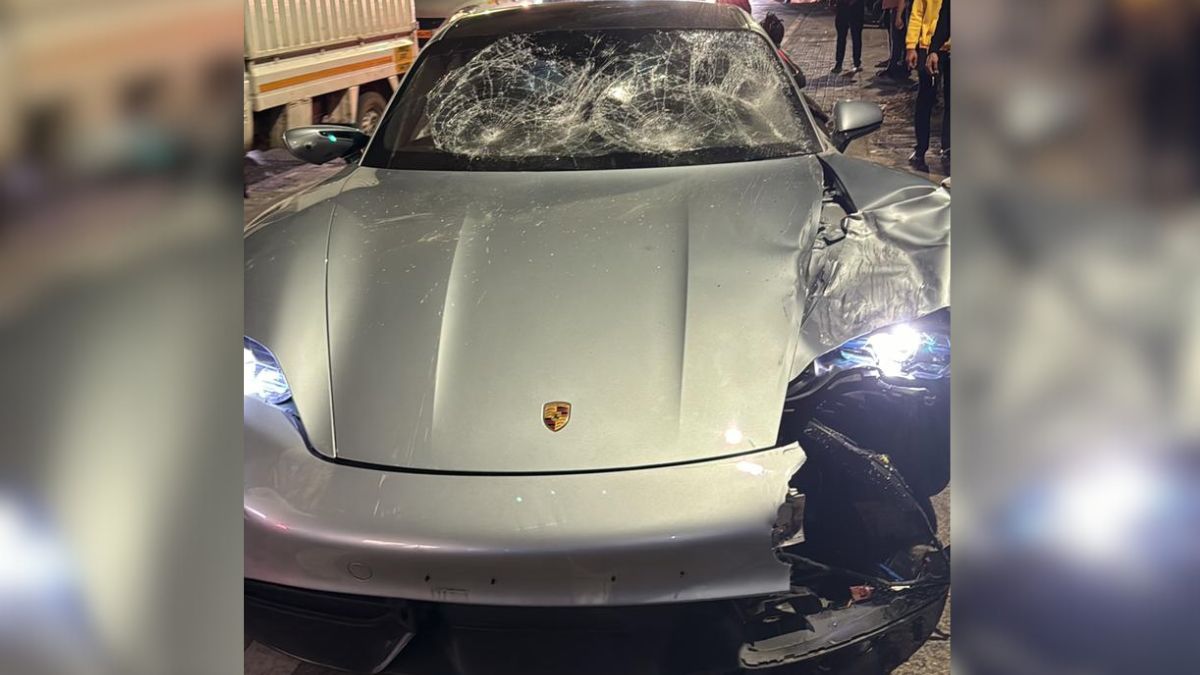 The Porsche Taycan driven by a 17-year-old boy which knocked down two motorcycle riders in the Kalyani Nagar area of Pune on Sunday. Source: X The Porsche Taycan driven by a 17-year-old boy which knocked down two motorcycle riders in the Kalyani Nagar area of Pune on Sunday. Source: X