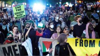 
Pro-Palestinian demonstrators attend a protest near the Met Gala, an annual fundraising gala held for the benefit of the Metropolitan Museum of Art's Costume Institut in New York City, New York, US, on Monday. Reuters