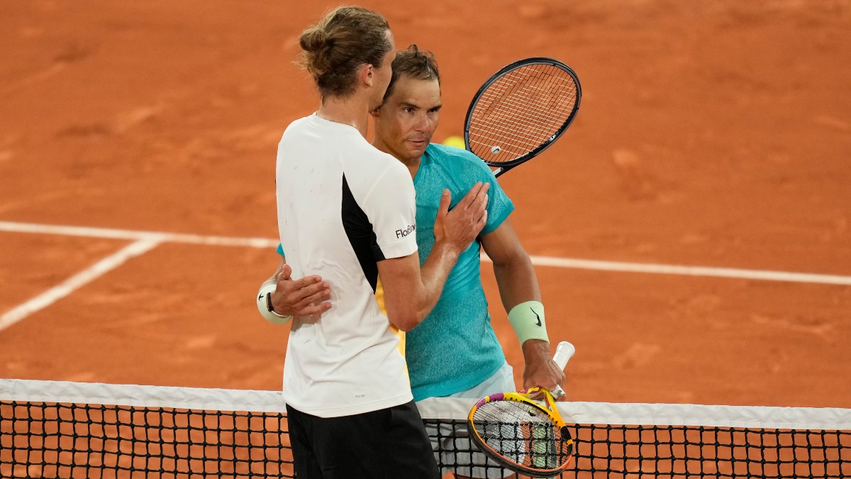 Rafael Nadal (right) and Alexander Zverev embrace at the end of their French Open first round clash. AP Rafael Nadal (right) and Alexander Zverev embrace at the end of their French Open first round clash. AP