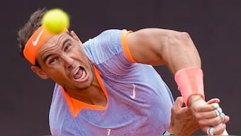 Rafael Nadal serves to Belgium's Zizou Bergs during the opening round of the 2024 Italian Open in Rome. AP