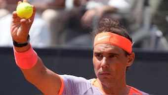 Rafael Nadal prepares to serve against Hubert Hurkacz in the second round of the Italian Open. AP