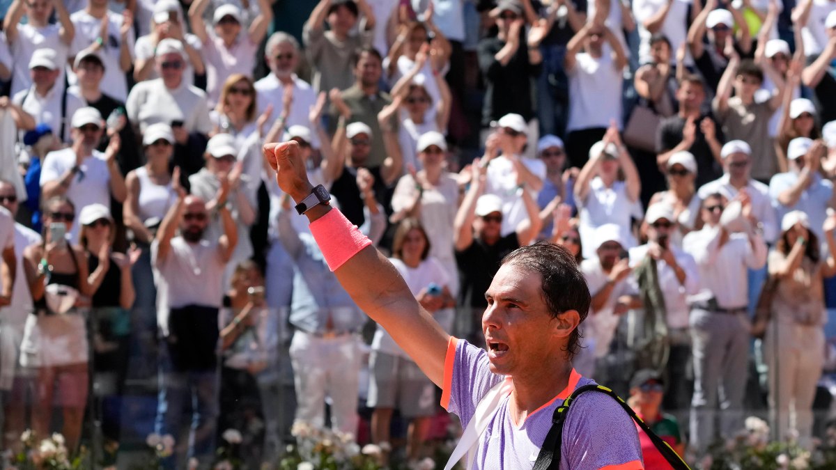 Rafael Nadal bids goodbye to spectators at Campo Centrale after bowing out of the Italian Open with a second-round defeat against Hubert Hurkacz. AP Rafael Nadal bids goodbye to spectators at Campo Centrale after bowing out of the Italian Open with a second-round defeat against Hubert Hurkacz. AP