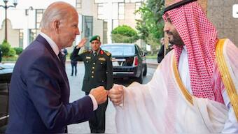 Saudi Crown Prince Mohammed bin Salman fist bumps U.S. President Joe Biden. File Photo- Reuters 