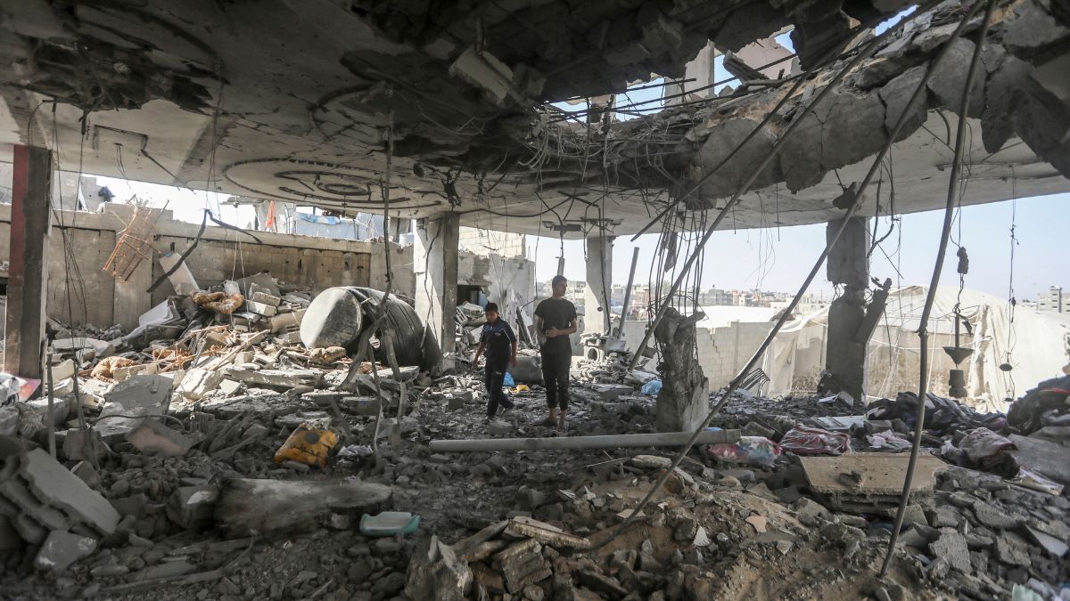 Palestinians stand in the ruins of the Chahine family home, after an overnight Israeli strike that killed at least two adults and five boys and girls under the age of 16 in Rafah, southern Gaza Strip, Friday, May 3, 2024.- AP Palestinians stand in the ruins of the Chahine family home, after an overnight Israeli strike that killed at least two adults and five boys and girls under the age of 16 in Rafah, southern Gaza Strip, Friday, May 3, 2024.- AP