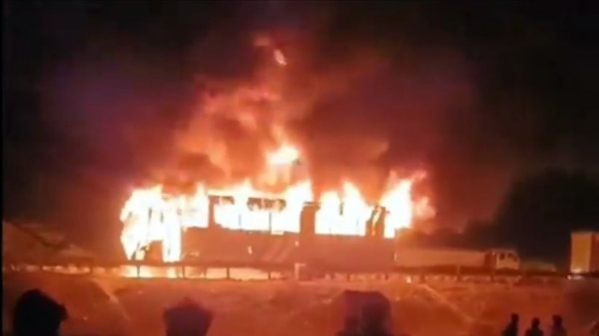 Screengrab of the burning bus in Haryana's Nuh Screengrab of the burning bus in Haryana's Nuh