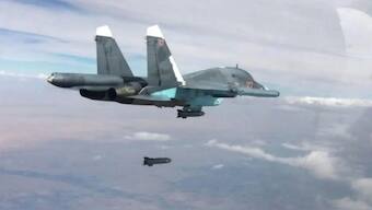 A Russian air force Sukhoi Su-34 drops a bomb. Image credit- Russian Air Force  
