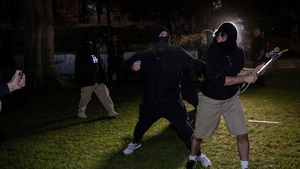 Demonstrators clash at a pro-Palestinian encampment at UCLA late Tuesday, April 30, 2024, in Los Angeles. Dueling groups of protesters have clashed at the University of California, Los Angeles, grappling in fistfights and shoving, kicking and using sticks to beat one another. - AP Demonstrators clash at a pro-Palestinian encampment at UCLA late Tuesday, April 30, 2024, in Los Angeles. Dueling groups of protesters have clashed at the University of California, Los Angeles, grappling in fistfights and shoving, kicking and using sticks to beat one another. - AP