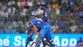 Rohit Sharma reacts after getting dismissed off Ravi Bishnoi's bowling during the Mumbai Indians' final game of IPL 2024 against Lucknow Super Giants at Mumbai's Wankhede Stadium. AP