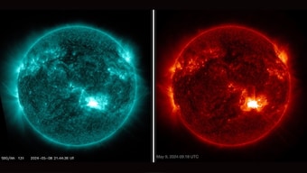 The Sun emitted two strong solar flares, peaking at 5:40pm ET on 8 May, 2024, and 5:13am ET on 9 May, 2024. NASA