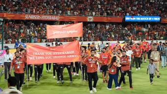 Sunrisers Hyderabad players perform a lap of honour around the Rajiv Gandhi International Stadium, which hosted its final match of the season, after their four-wicket victory over Punjab Kings. AP