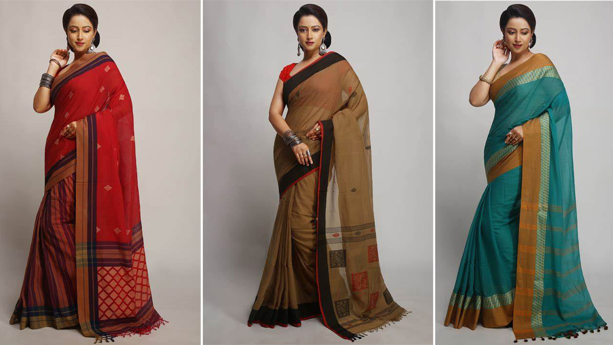 A woman wearing different Tangail Sarees. Image courtesy Bharat Kraft A woman wearing different Tangail Sarees. Image courtesy Bharat Kraft