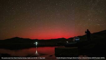 Photo taken with a DSLR at 2:19 am by Wangchuk Namgyal, Stanzin Norlha, and Stanzin Norboo from the Tashi Choeling Gompa nunnery inside Hanle Dark Sky Reserve. (Photo: X/Indian Institute of Astrophysics)