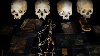 Sculls and personal items of victims of the Rwandan genocide are seen as part of a display at the Genocide Memorial in Gisozi in Kigali, Rwanda April 6, 2019.REUTERS
