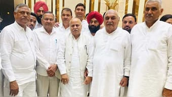 Three Independent MLAs, who switched allegiance from the BJP to Congress, with former Haryana CM Bhupinder Singh Hooda. Image Courtesy: X/@INCHaryana