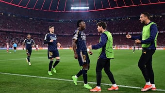 Vinicius Junior celebrates after scoring his second goal against Bayern Munich. AP