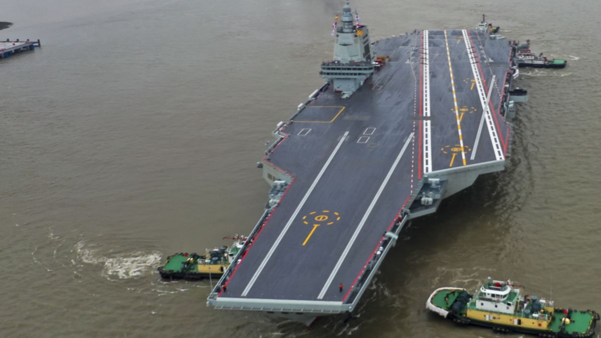 China's third aircraft carrier, the Fujian, prepares to set out for maiden sea trials from Shanghai Jiangnan Shipyard in eastern China's Shanghai. AP China's third aircraft carrier, the Fujian, prepares to set out for maiden sea trials from Shanghai Jiangnan Shipyard in eastern China's Shanghai. AP