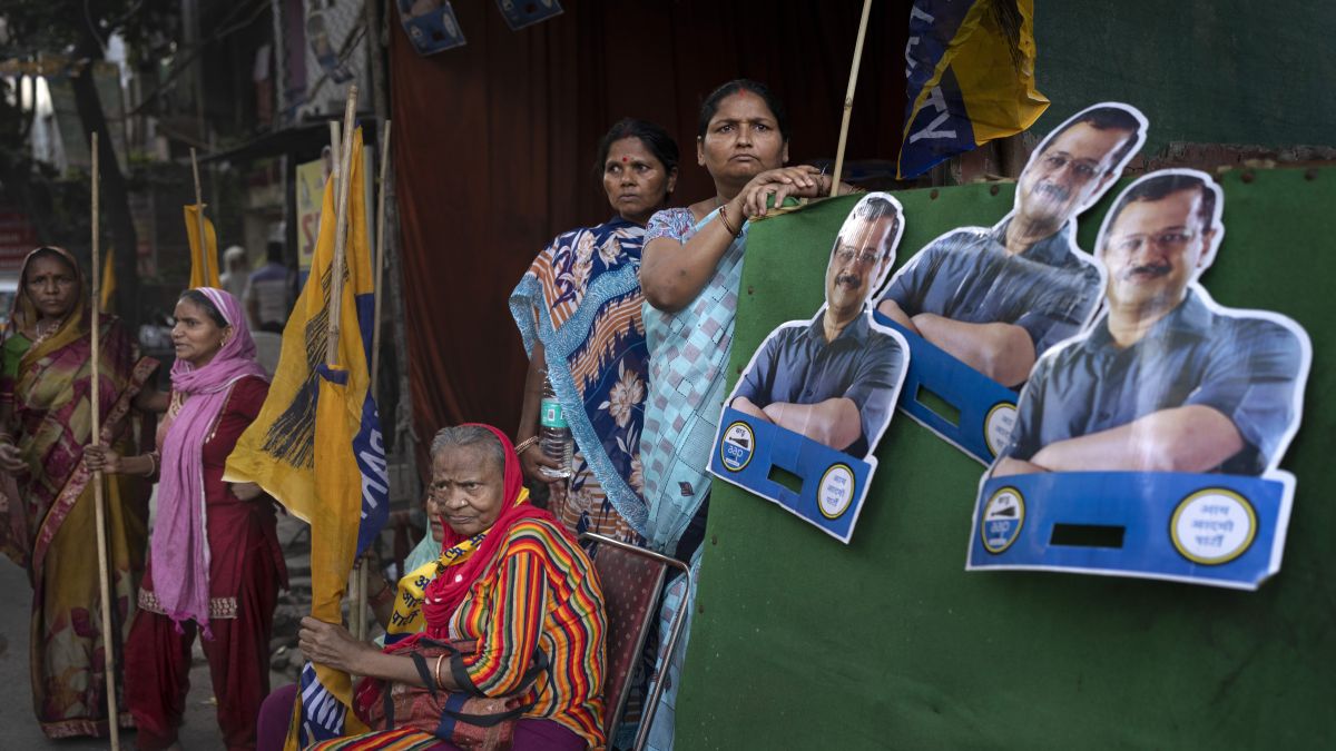 Supporters of the Aam Admi Party gather in New Delhi. Arvind Kejriwal walked out of Tihar jail on Friday after he received interim bail in the Delhi excise policy case. File photo/AP Supporters of the Aam Admi Party gather in New Delhi. Arvind Kejriwal walked out of Tihar jail on Friday after he received interim bail in the Delhi excise policy case. File photo/AP
