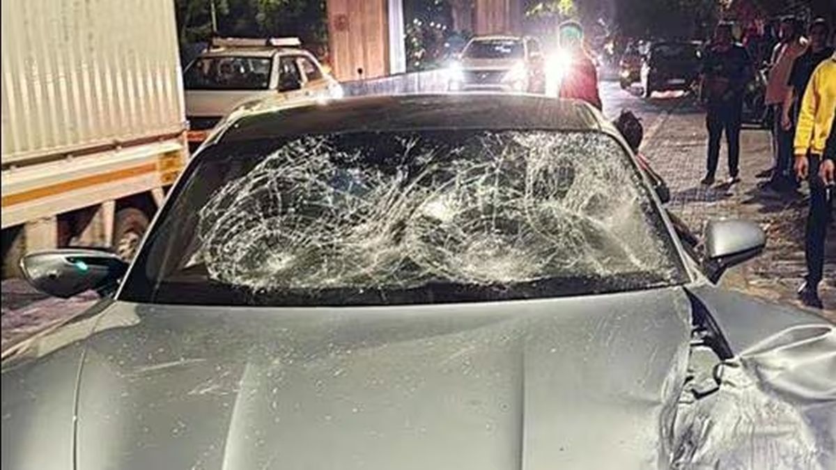 The Porsche car that hit a motorcycle at Kalyani Nagar in Pune on Sunday, which killed two people. ANI The Porsche car that hit a motorcycle at Kalyani Nagar in Pune on Sunday, which killed two people. ANI