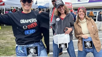 Donald Trump supporters are showing up at his rallies wearing nappies and shirts that read 'Real Man Wear Diapers'. X/ @iamalmostlegend, @SusanBostonMama