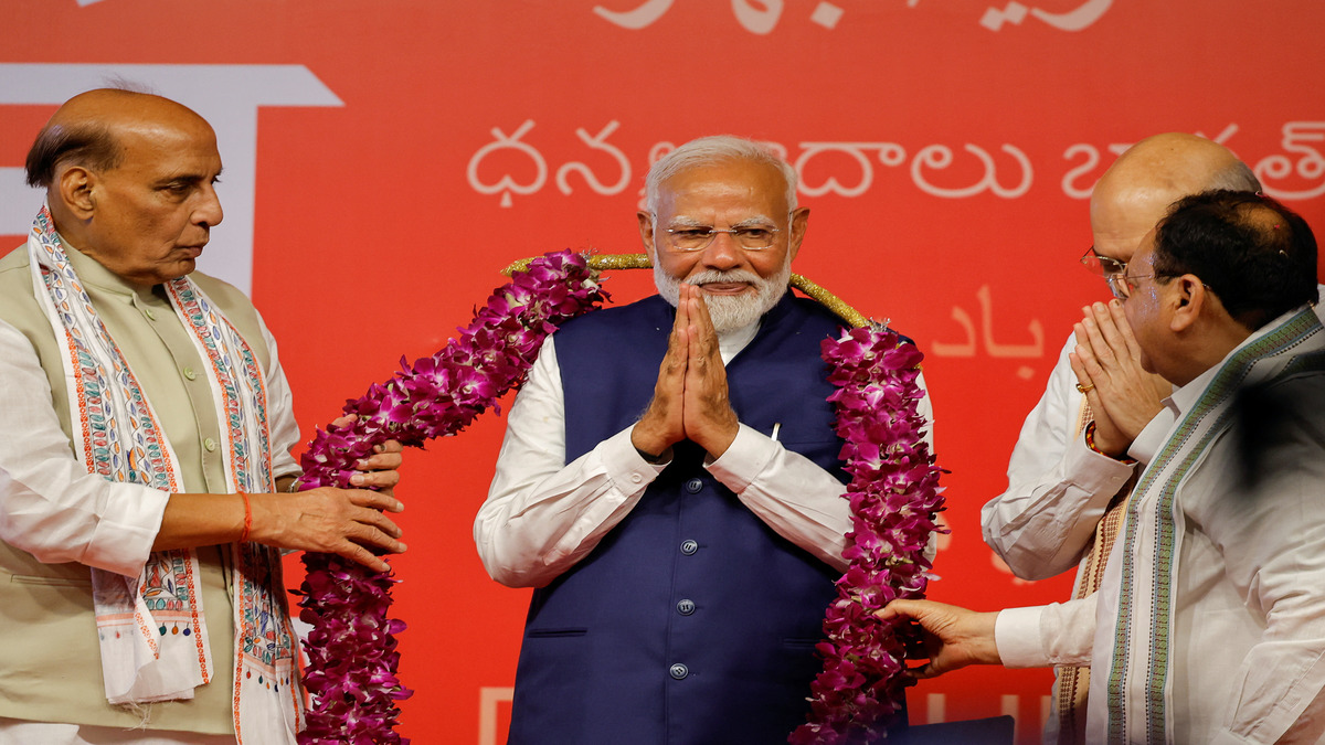 Prime Minister Narendra Modi gestures, at the Bharatiya Janata Party (BJP) headquarters in New Delhi on 4 June 2024. Reuters Prime Minister Narendra Modi gestures, at the Bharatiya Janata Party (BJP) headquarters in New Delhi on 4 June 2024. Reuters
