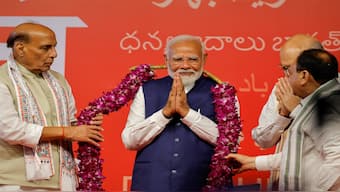 Prime Minister Narendra Modi gestures, at the Bharatiya Janata Party (BJP) headquarters in New Delhi on 4 June 2024. Reuters