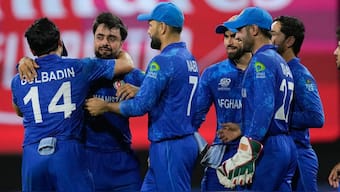 Afghanistan players celebrate after defeating Bangladesh and reaching men's T20 World Cup 2024 semi-finals. AP