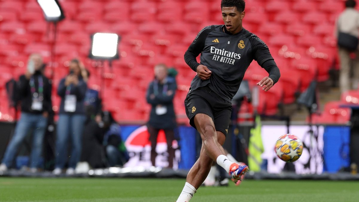 Real Madrid's Jude Bellingham kicks the ball during a training session in Wembley ahead of the UEFA Champions League final against Borussia Dortmund. AP Real Madrid's Jude Bellingham kicks the ball during a training session in Wembley ahead of the UEFA Champions League final against Borussia Dortmund. AP