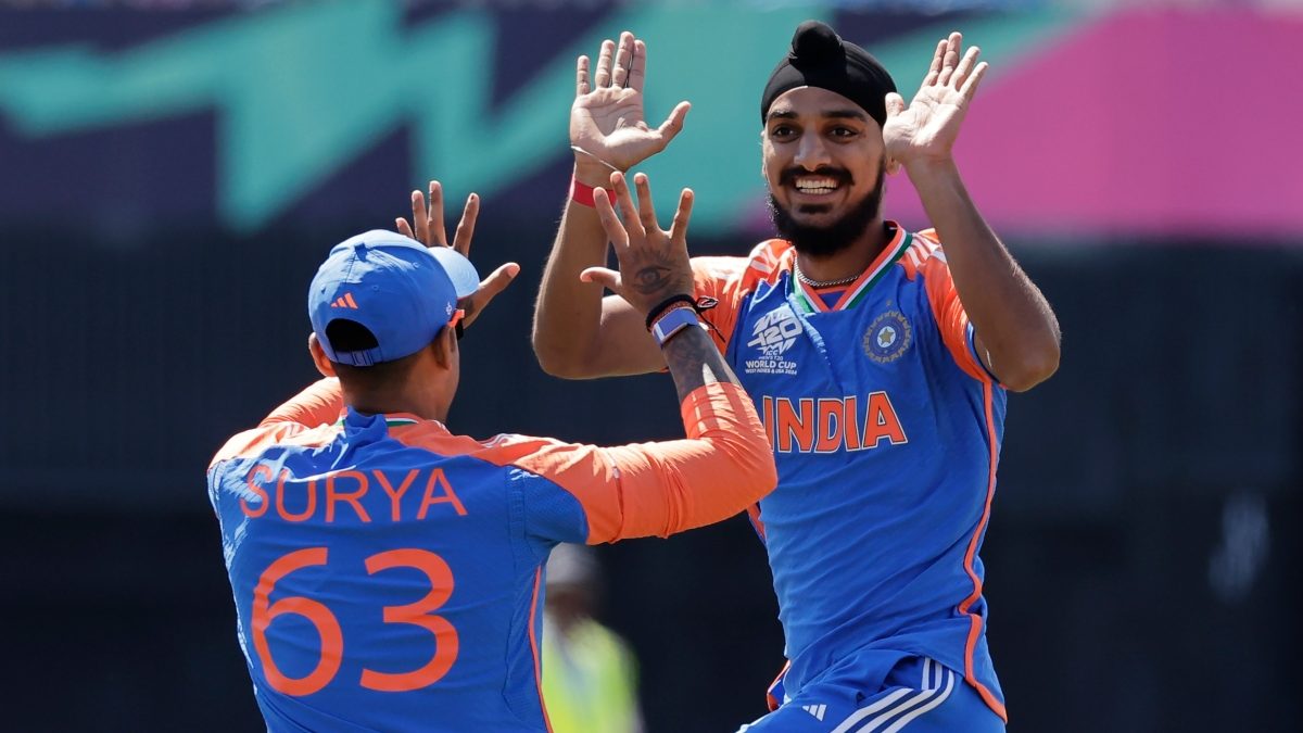 Arshdeep Singh celebrates the wicket of Shayan Jahangir during the India-USA T20 World Cup match in New York. AP Arshdeep Singh celebrates the wicket of Shayan Jahangir during the India-USA T20 World Cup match in New York. AP