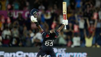 United States' Aaron Jones reacts after hitting the winning runs during the men's T20 World Cup cricket match between the United States and Canada. AP