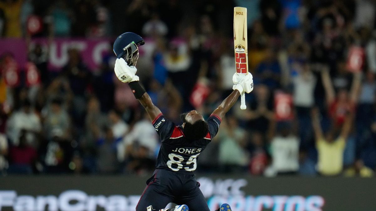 United States' Aaron Jones reacts after hitting the winning runs during the men's T20 World Cup cricket match between the United States and Canada. AP United States' Aaron Jones reacts after hitting the winning runs during the men's T20 World Cup cricket match between the United States and Canada. AP