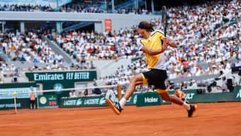 Alexander Zverev plays a shot against Carlos Alcaraz during the men's final of the French Open tennis tournament. AP