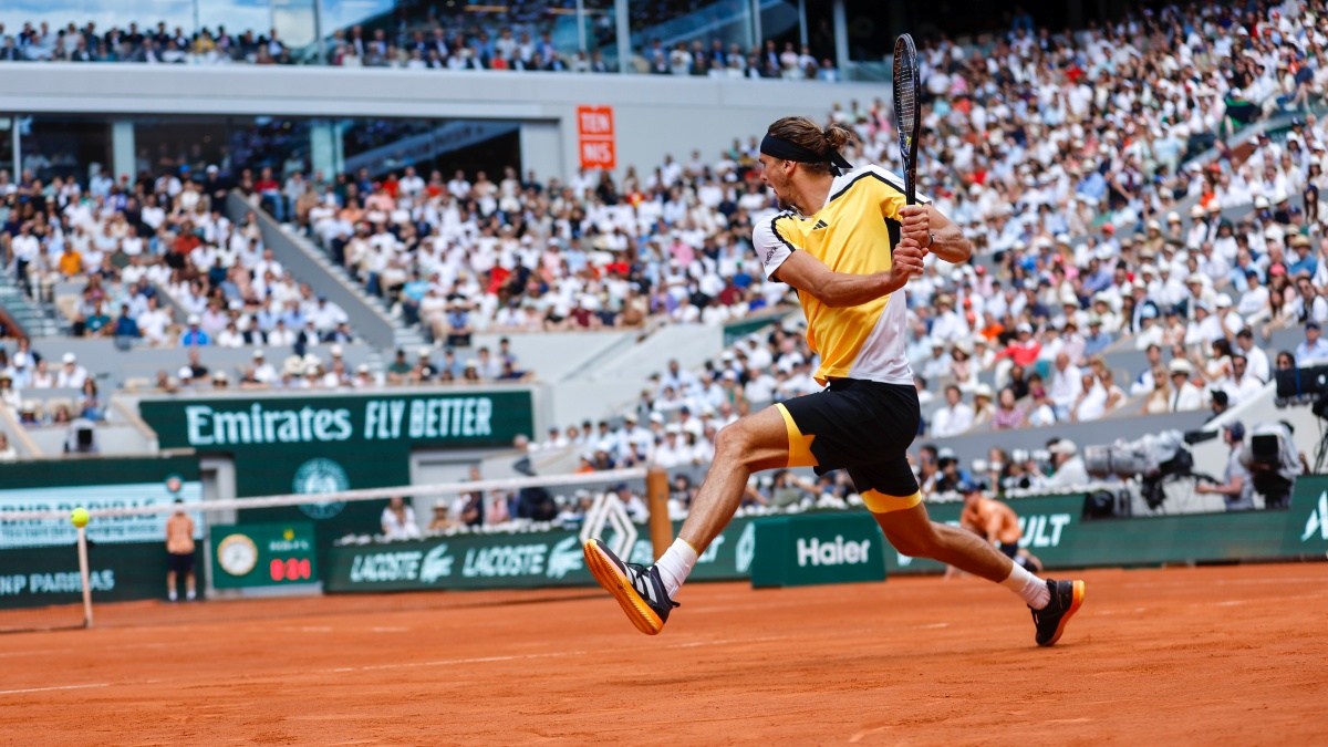 Alexander Zverev plays a shot against Carlos Alcaraz during the men's final of the French Open tennis tournament. AP Alexander Zverev plays a shot against Carlos Alcaraz during the men's final of the French Open tennis tournament. AP