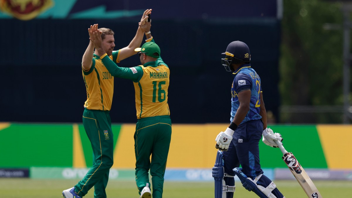 South Africa pacer Anrich Nortje celebrates with teammate Keshav Maharaj after dismissing Sri Lanka's Kusal Mendis. AP South Africa pacer Anrich Nortje celebrates with teammate Keshav Maharaj after dismissing Sri Lanka's Kusal Mendis. AP