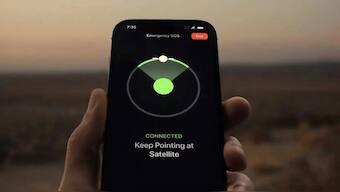 The satellite connectivity feature prompts users to connect directly to the nearest overhead satellite from the Messages app, and allow them to send text, emoji, and tapback messages via iMessage and SMS. Image Credit: Apple