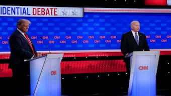 President Joe Biden, right, and Republican presidential candidate former President Donald Trump stand during a presidential debate hosted by CNN, Thursday, June 27, 2024, in Atlanta. AP