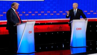 President Joe Biden, right, and Republican presidential candidate former President Donald Trump stand during a presidential debate hosted by CNN, Thursday, June 27, 2024, in Atlanta. AP