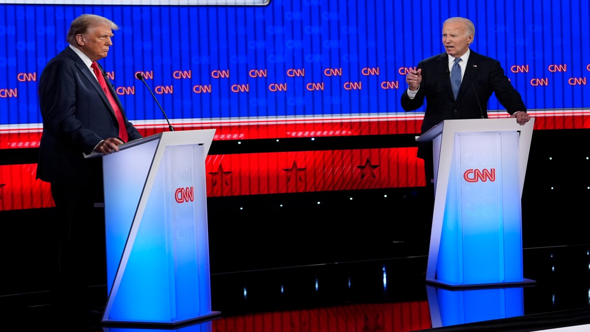 President Joe Biden, right, and Republican presidential candidate former President Donald Trump stand during a presidential debate hosted by CNN, Thursday, June 27, 2024, in Atlanta. AP President Joe Biden, right, and Republican presidential candidate former President Donald Trump stand during a presidential debate hosted by CNN, Thursday, June 27, 2024, in Atlanta. AP