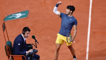 Carlos Alcaraz celebrates during the French Open final against Alexander Zverev. AP