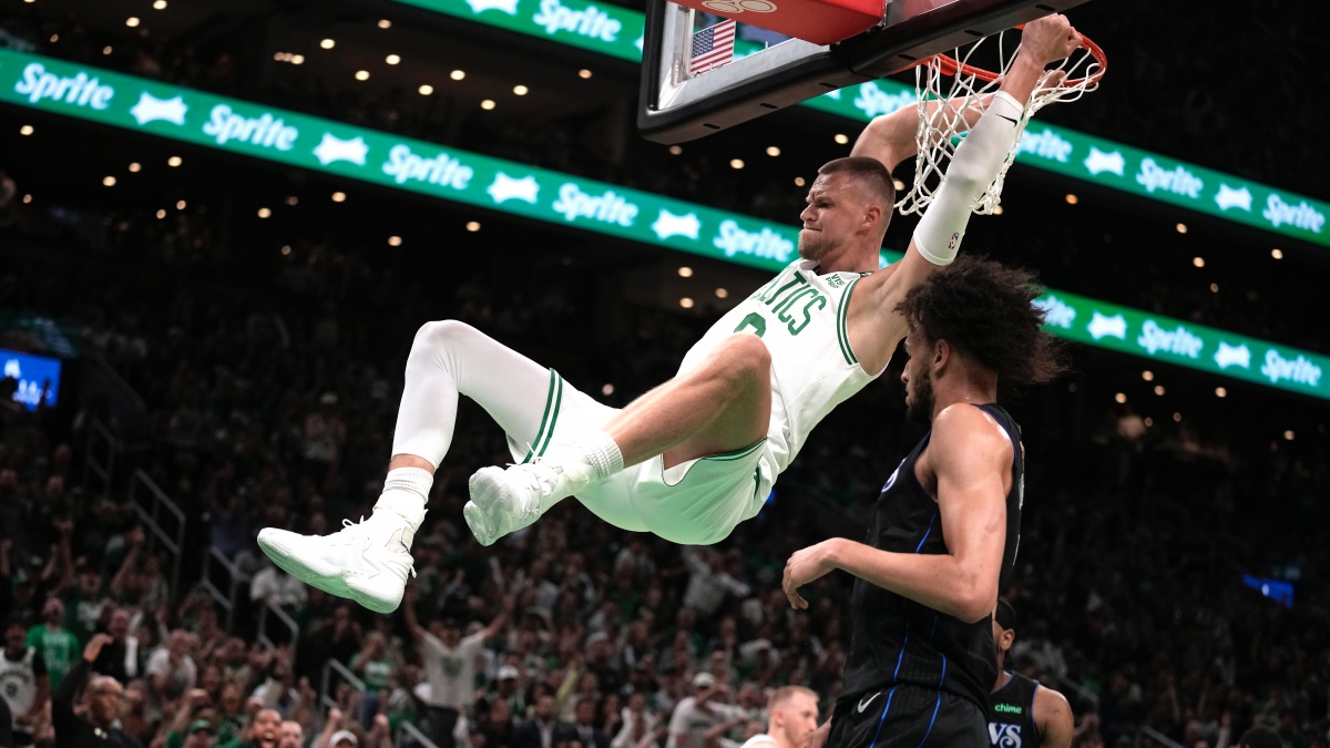 Boston Celtics center Kristaps Porzingis dunks next to Dallas Mavericks center Dereck Lively II, during the first half of Game 1 of NBA Finals. AP Boston Celtics center Kristaps Porzingis dunks next to Dallas Mavericks center Dereck Lively II, during the first half of Game 1 of NBA Finals. AP