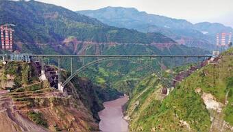 Drone image of world’s highest single-arch railway bridge over the Chenab river in Reasi district. Source: PTI. 